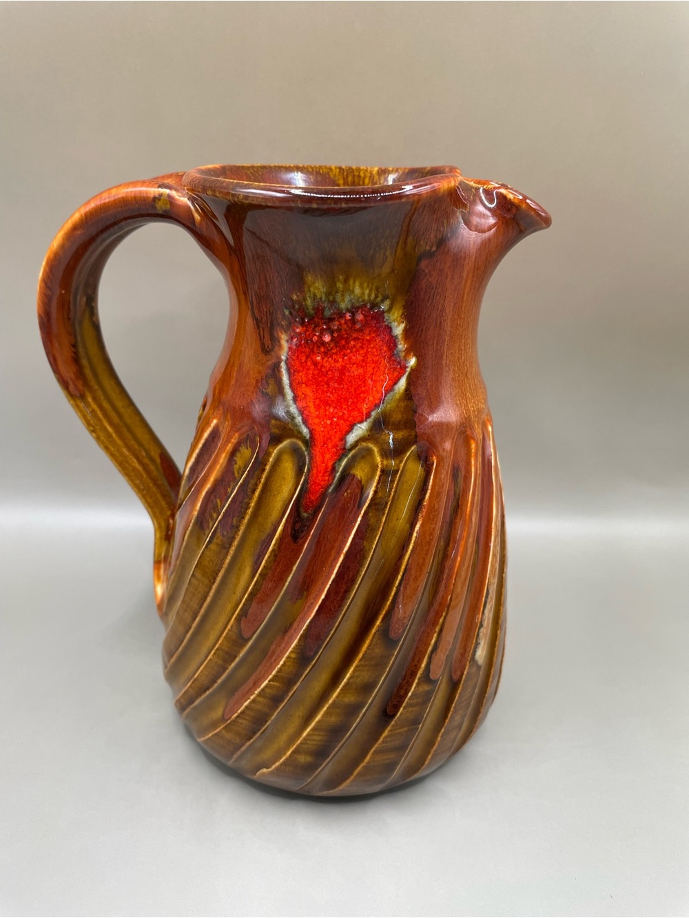 Vintage Dryden Original 1978 Pottery Drip Glaze Brown Red Heart 6.25” Pitcher